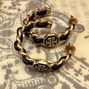 Tory Burch Marion Black Woven Chain Hoop Earrings. Box not included.